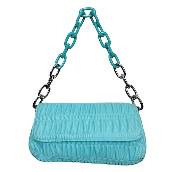 NWOT HOW WE FASHION 2.0 House of Want Baby Blue Shirring Chain Shoulder Baguette - Picture 5 of 13